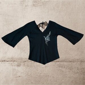 𝅺ozone Label Flare Sleeve V-Neck Top for Women Black with Floral Size Small.